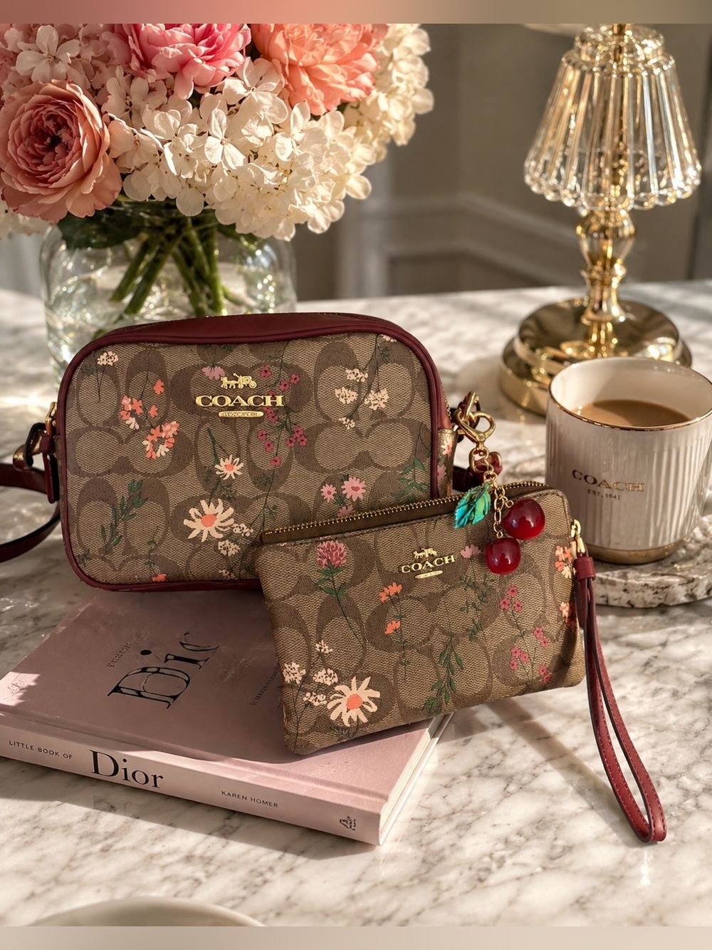 Coach Floral Signature Crossbody in Brown and Burgundy Trim
